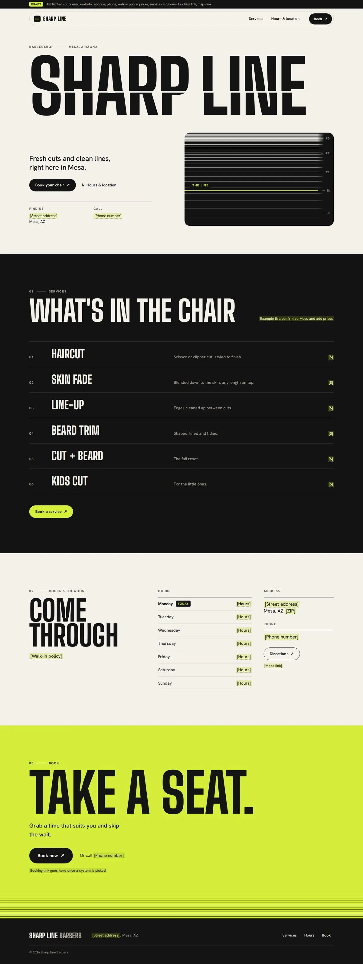 The full Sharp Line Barbers page with the kit