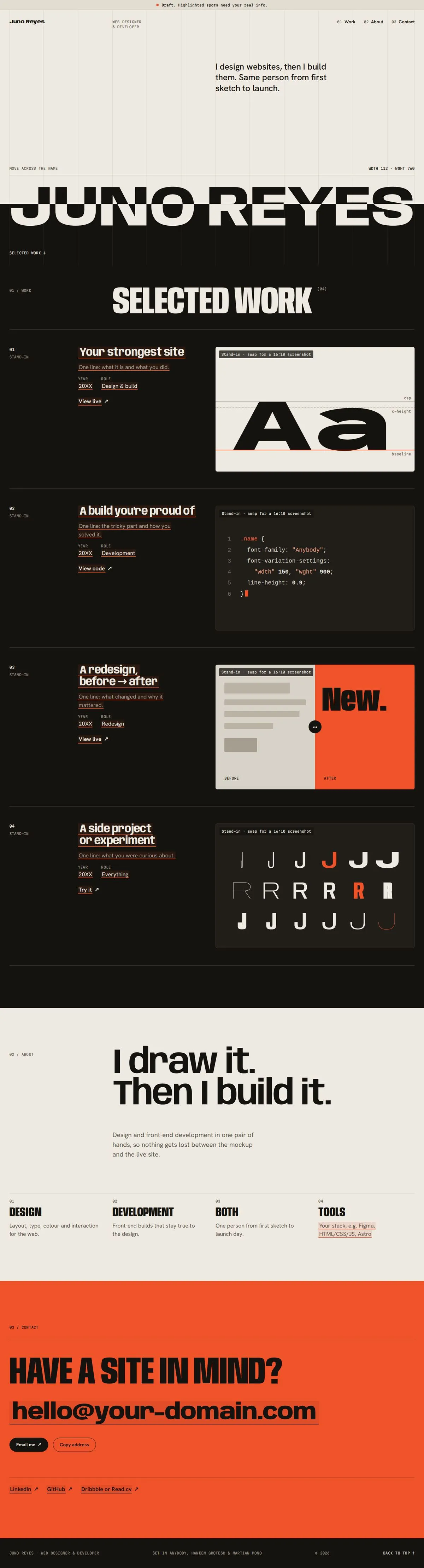 The full Juno Reyes, type-led portfolio page with the kit