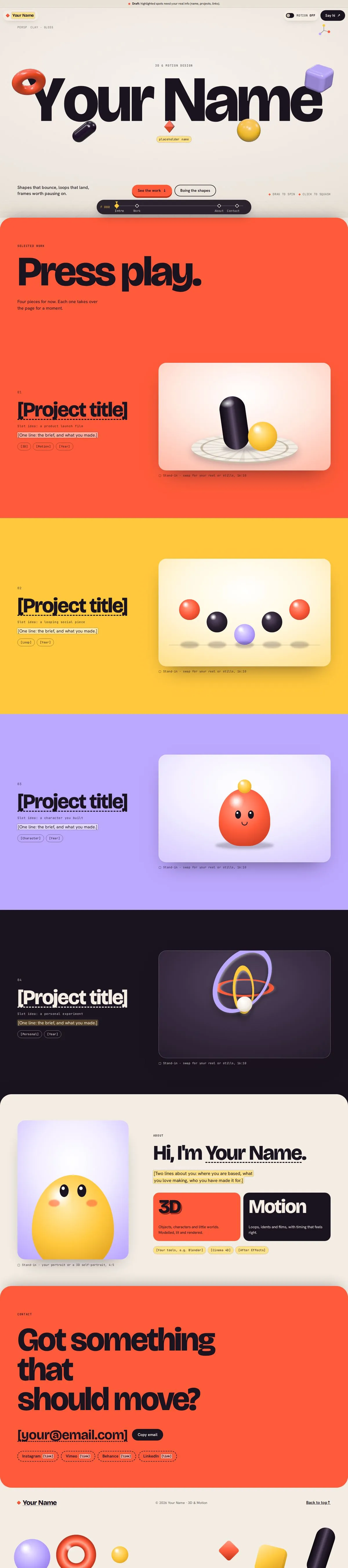 The full 3D & motion portfolio page with the kit